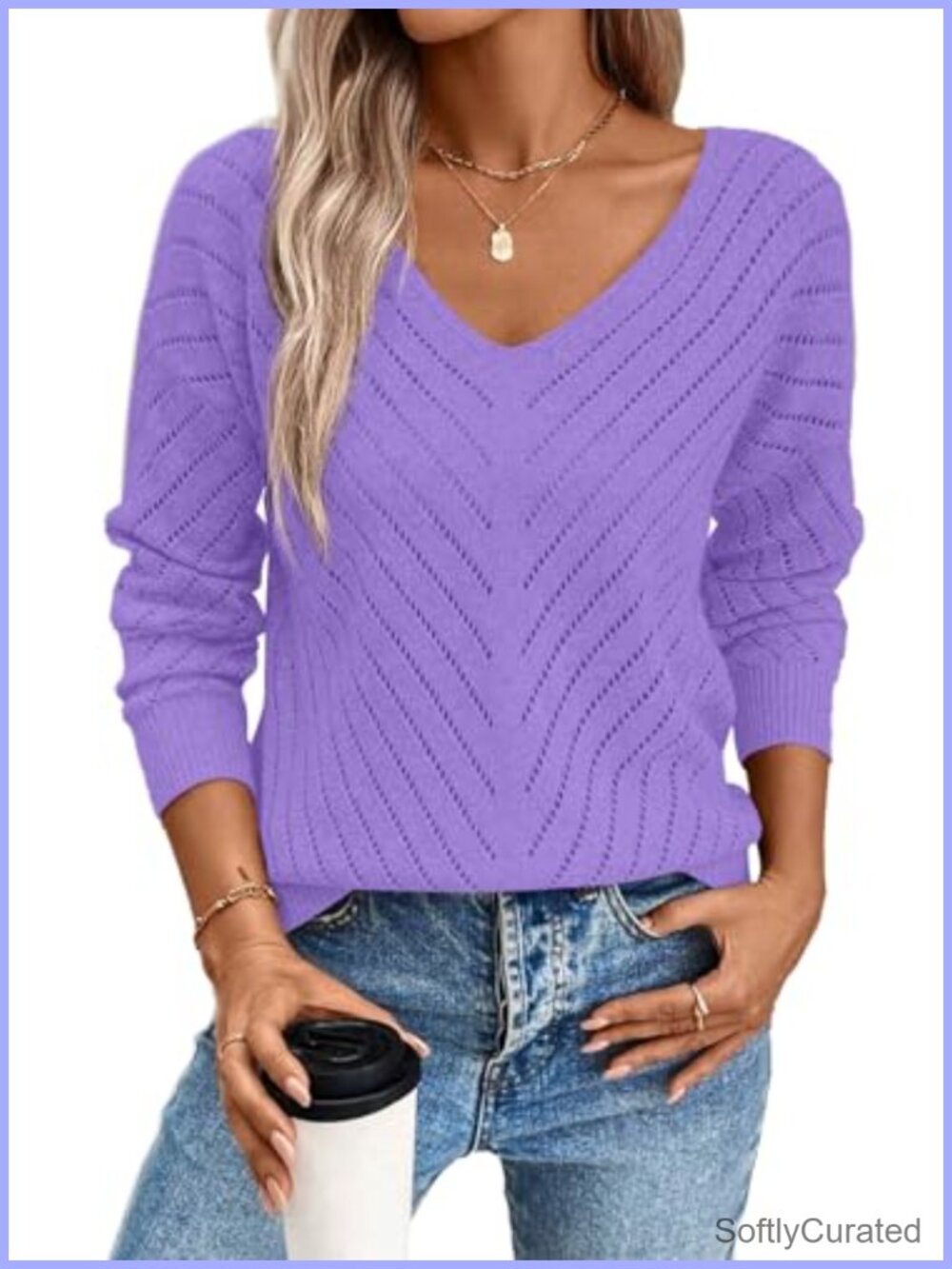 Womens V Neck Long Sleeve Knit Hollow Out Crochet Sweater Pullover